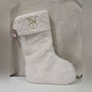 NWT Victorias Secret Christmas Stocking Exclusive White Faux Fur Gold Embroidery